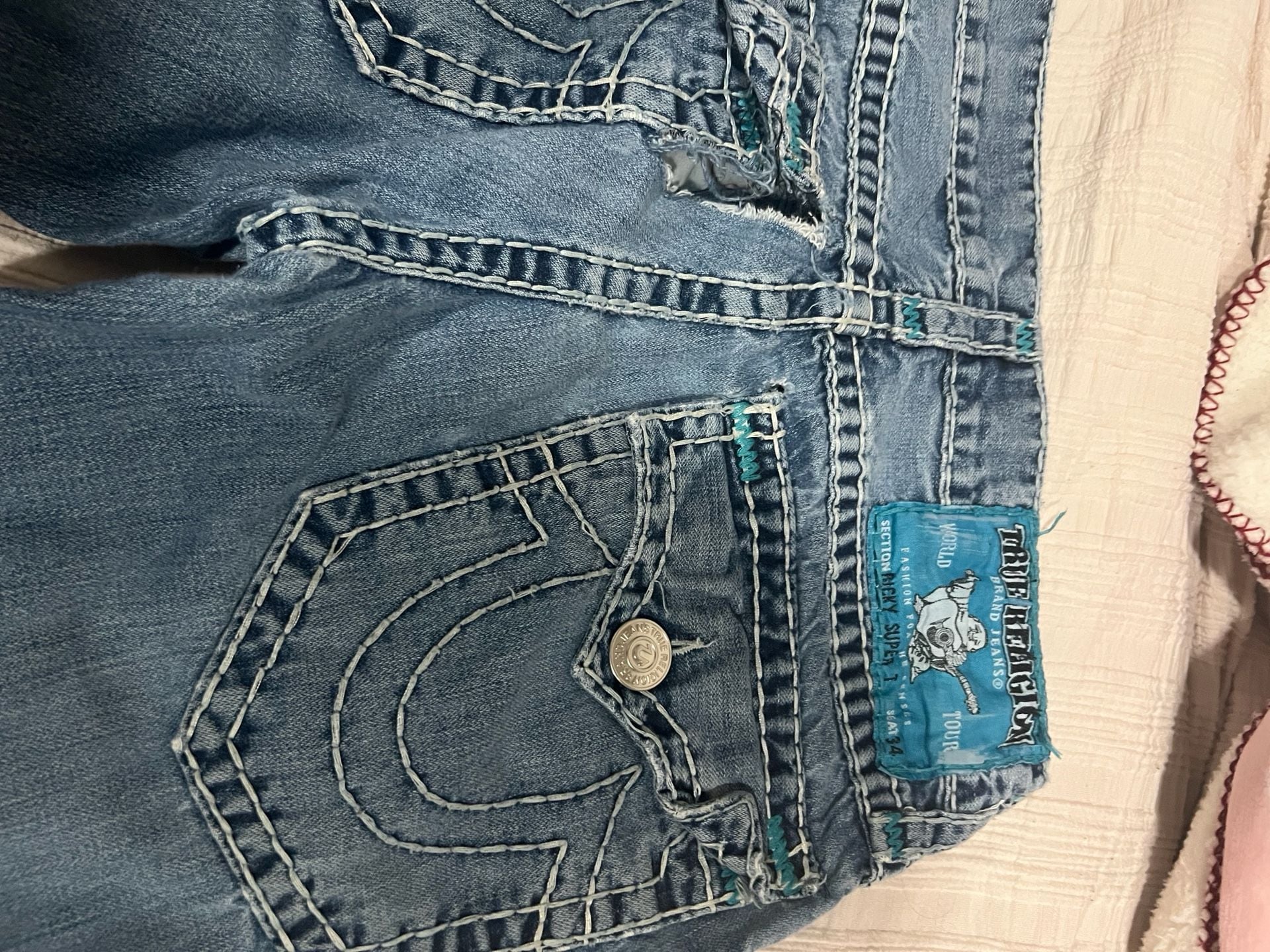 Vintage True Religion Ricky Super T Straight Leg Jeans Blue Teal Stitch Made in USA Size 33 6