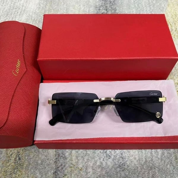 Luxury Rimless Sunglasses – Gold Frame, Rectangle Lenses, High-End Designer Look w/ Box & Case