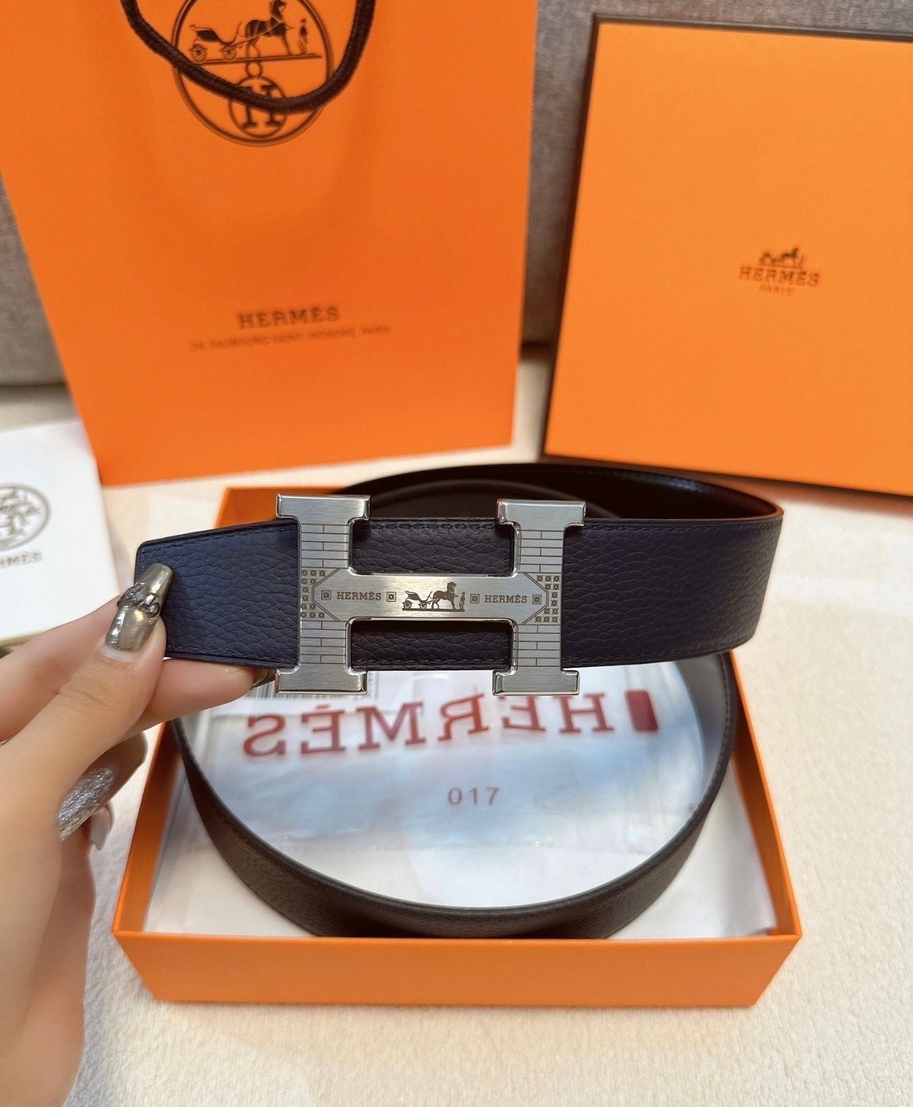 Luxury H Buckle Belt – Navy Blue Textured Leather – New w/ Box 2