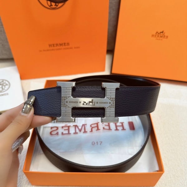 Luxury H Buckle Belt – Navy Blue Textured Leather – New w/ Box