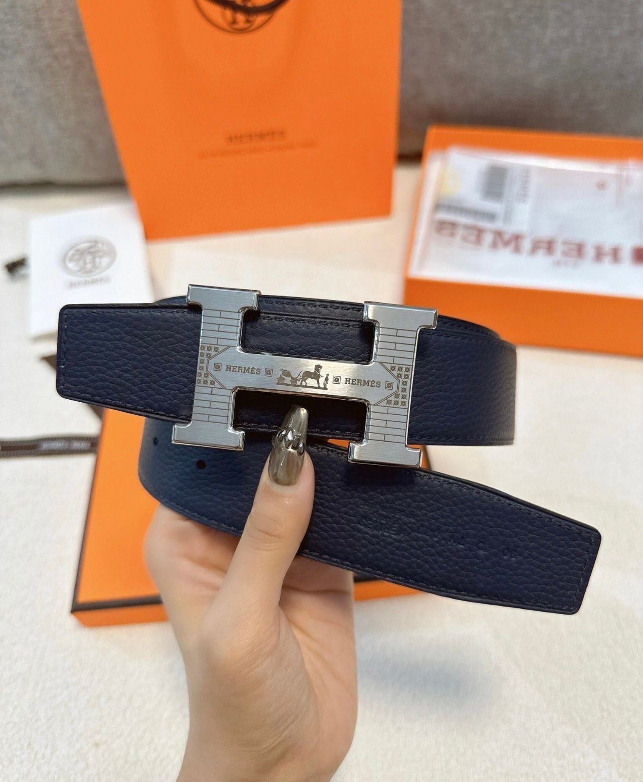 Luxury H Buckle Belt – Navy Blue Textured Leather – New w/ Box 3