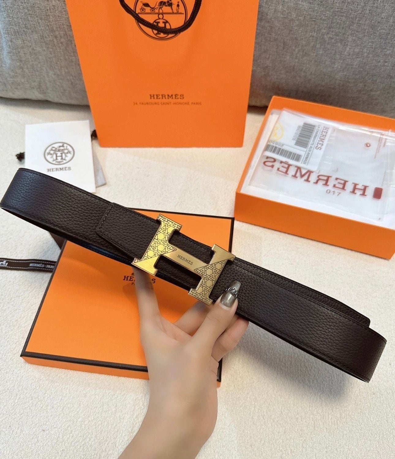 Luxury Leather Belt – Brown Textured, Gold Statement Buckle, High-End Designer Look w/ Box 2