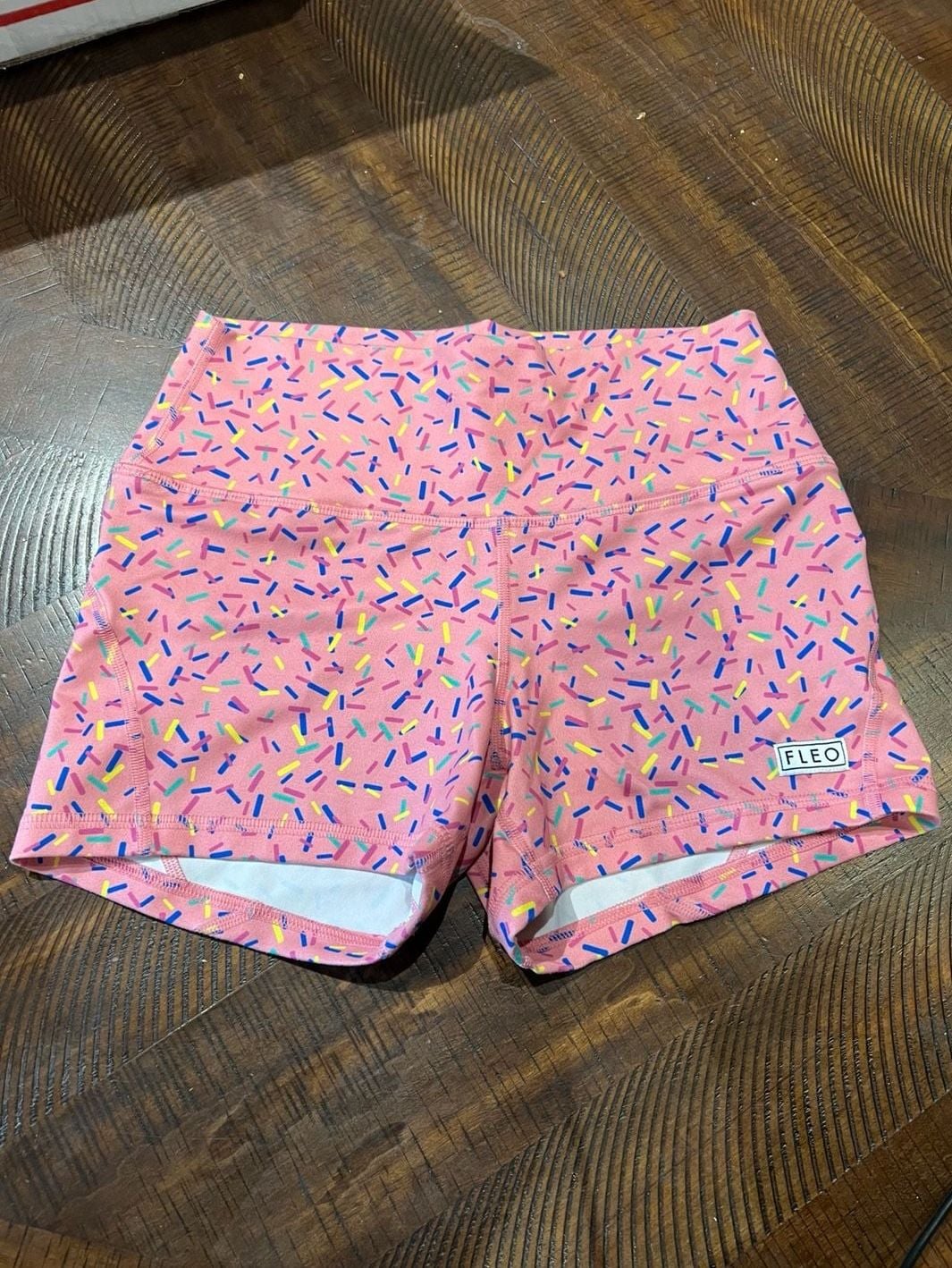 FLEO Women's Pink Sprinkles High-Waisted Gym Shorts Small 2
