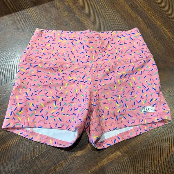 FLEO Women's Pink Sprinkles High-Waisted Gym Shorts Small