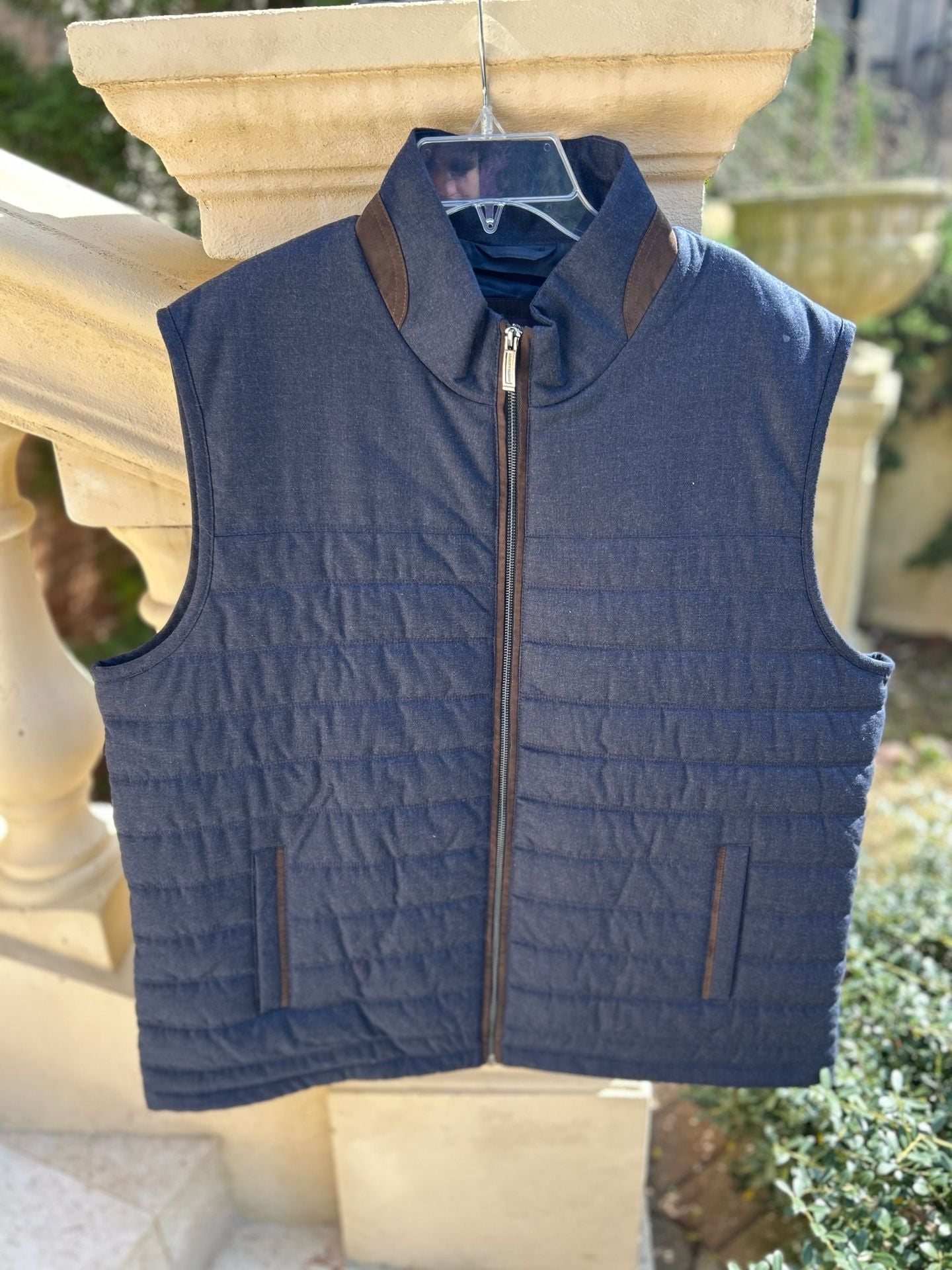 Johnston & Murphy Mens XXL Navy Quilted Full-Zip Vest with Suede Trim 2