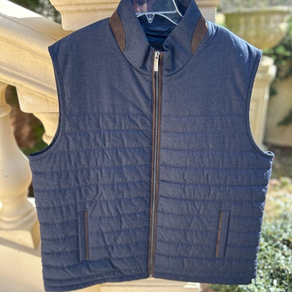 Johnston & Murphy Mens XXL Navy Quilted Full-Zip Vest with Suede Trim