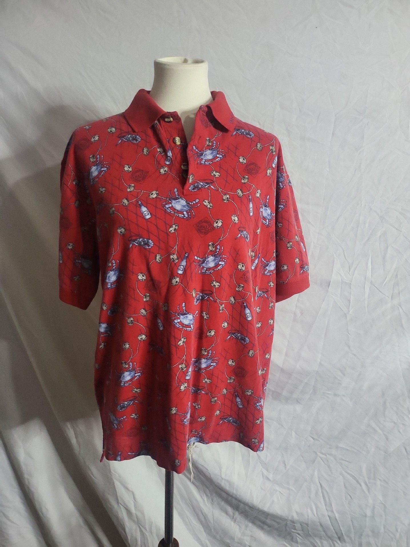Vintage Tabasco Men's Sz Large Shrimp Crab All Over Print Red Polo Shirt 2