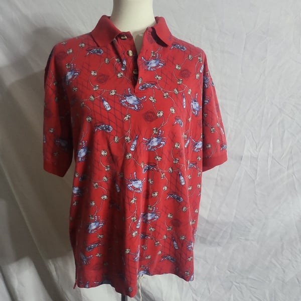 Vintage Tabasco Men's Sz Large Shrimp Crab All Over Print Red Polo Shirt