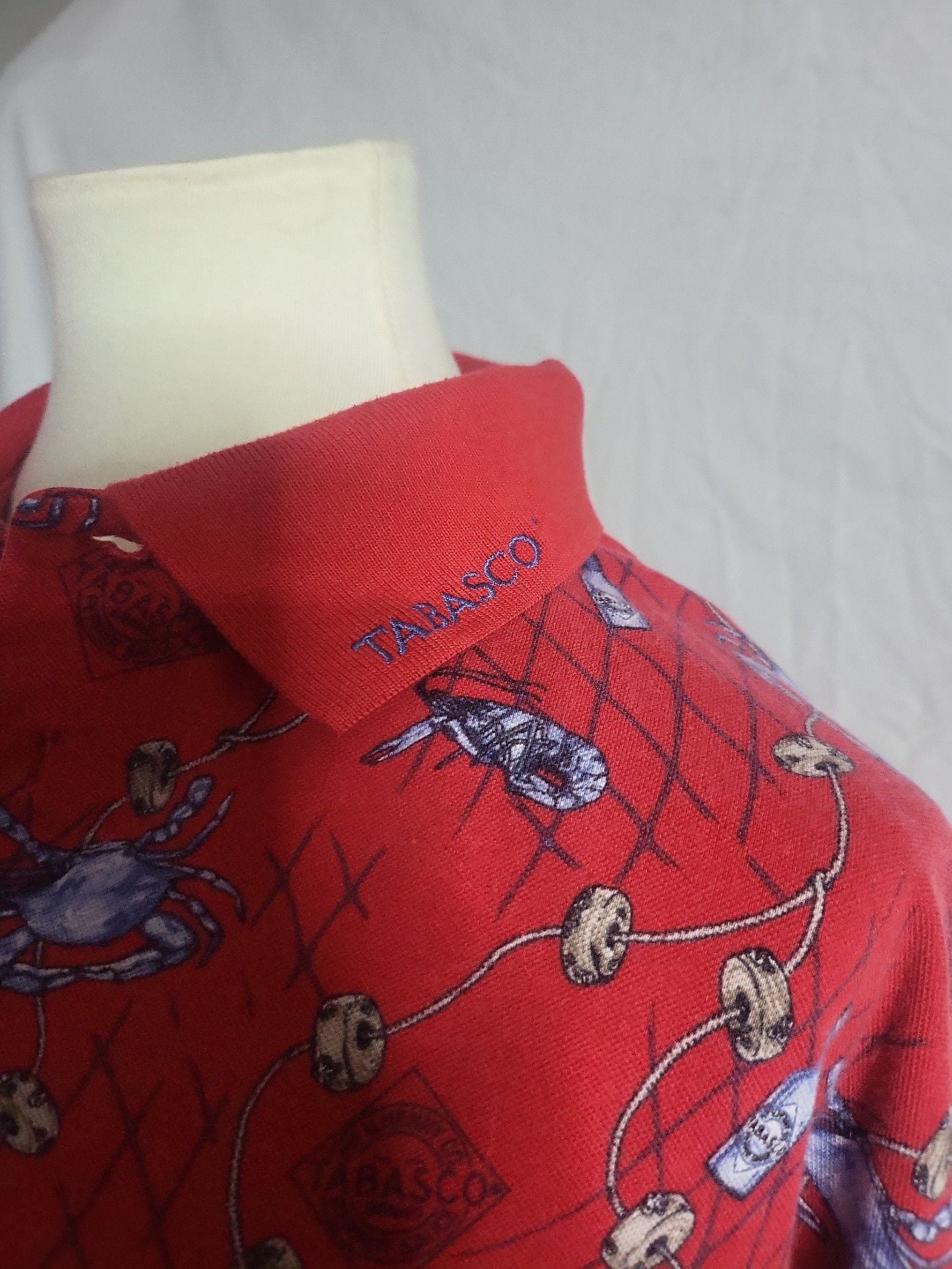 Vintage Tabasco Men's Sz Large Shrimp Crab All Over Print Red Polo Shirt 3