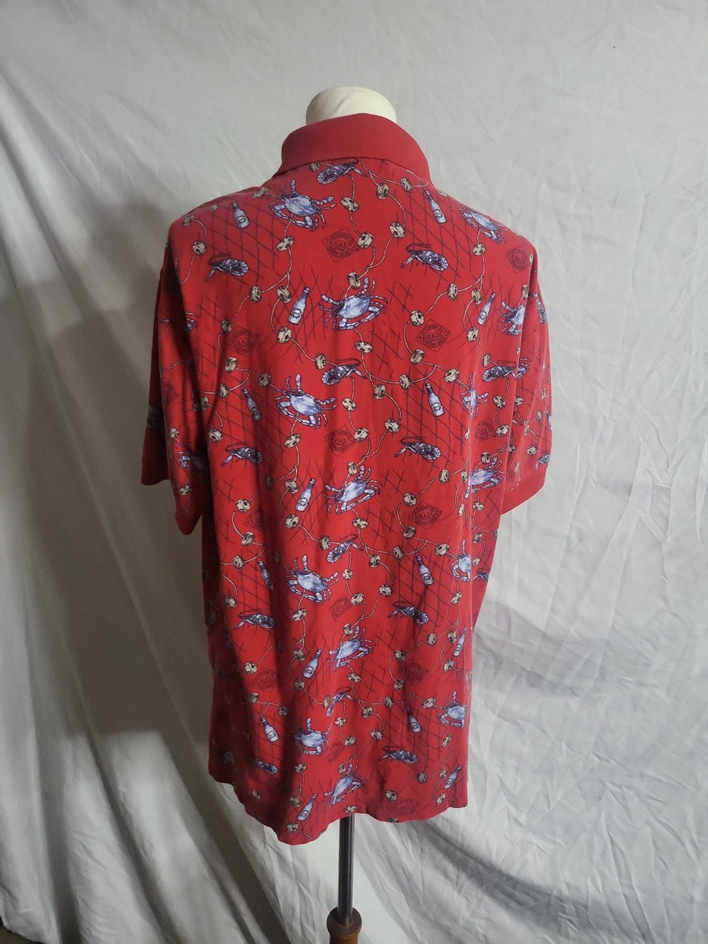 Vintage Tabasco Men's Sz Large Shrimp Crab All Over Print Red Polo Shirt 4