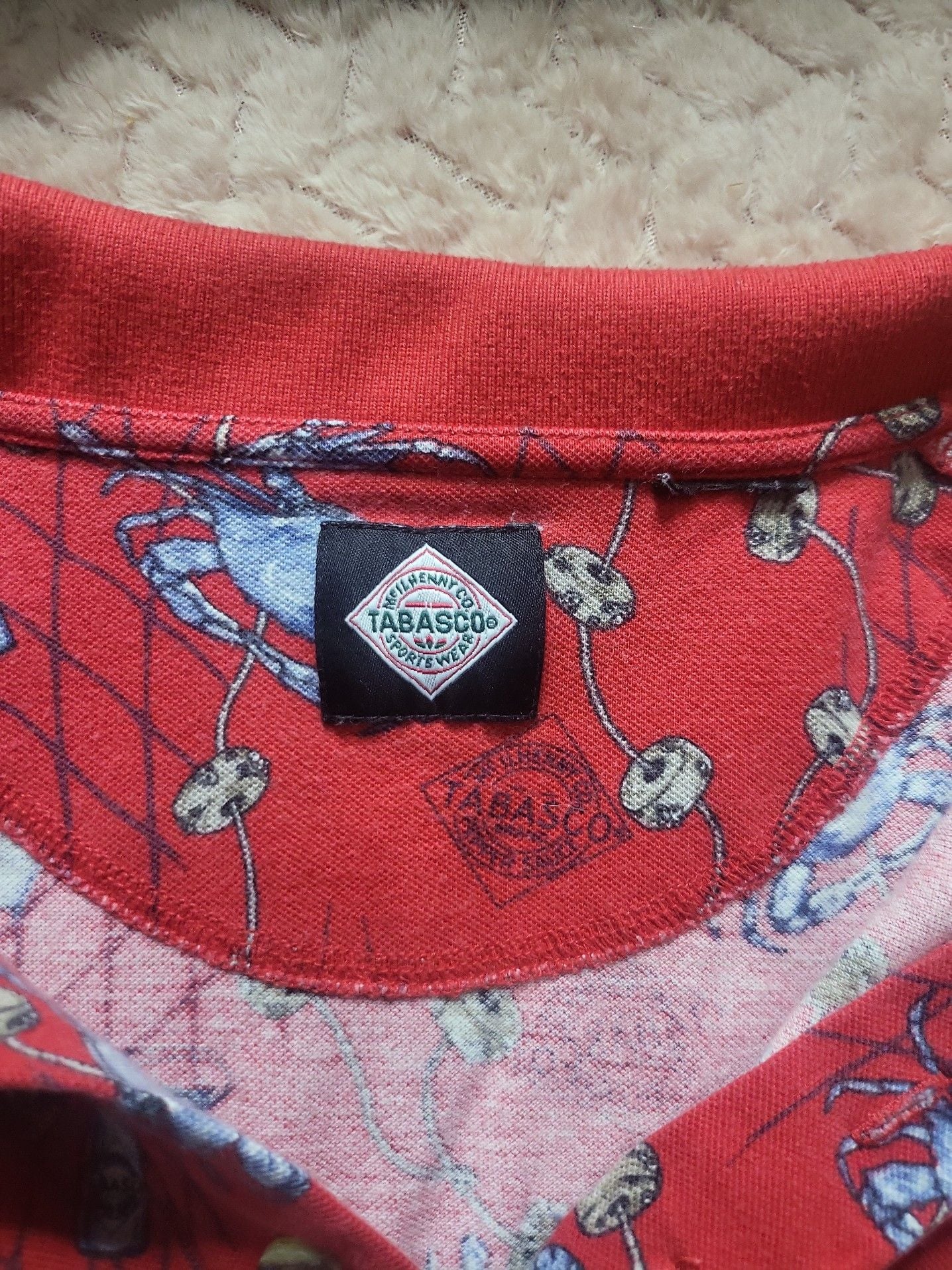 Vintage Tabasco Men's Sz Large Shrimp Crab All Over Print Red Polo Shirt 5