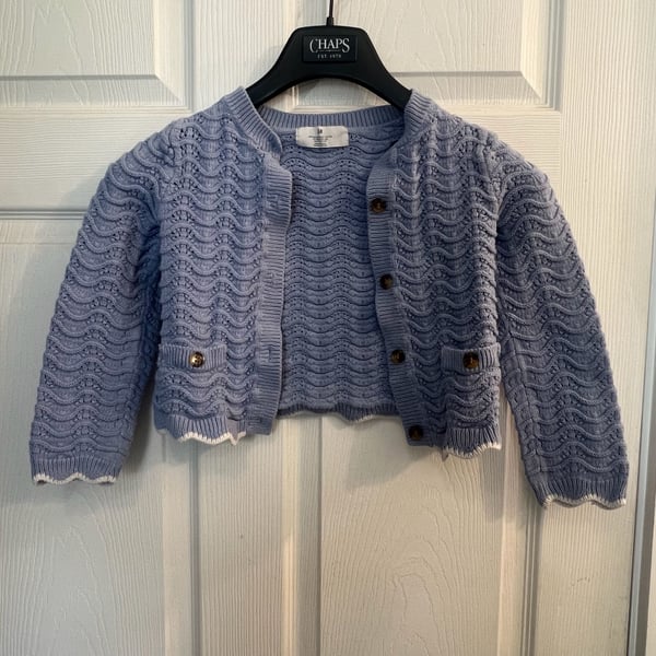 H&M Kids Blue Pointelle Knit Scalloped Edge Cardigan Sweater Size 6-8 Years