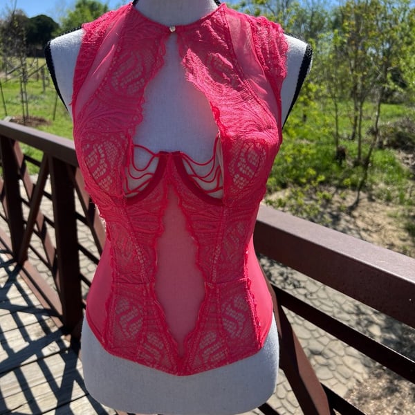 Victoria's Secret Hot Pink Lace and Mesh High Neck Bustier Corset