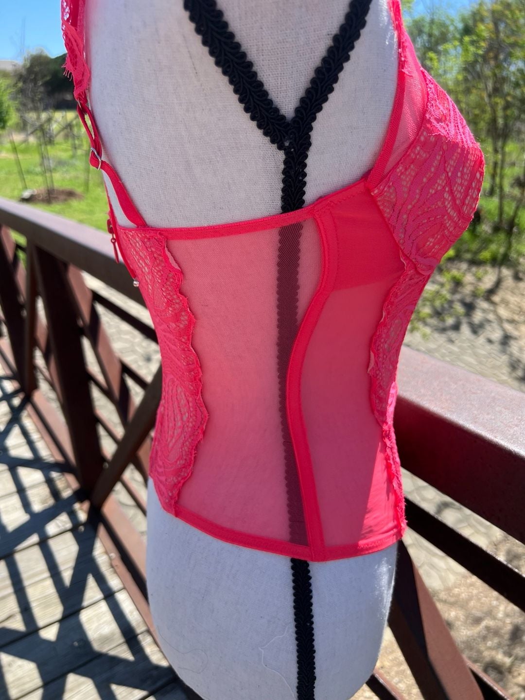 Victoria's Secret Hot Pink Lace and Mesh High Neck Bustier Corset 12