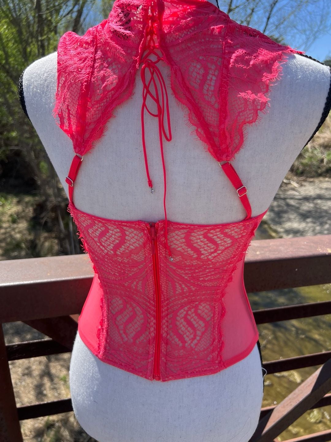Victoria's Secret Hot Pink Lace and Mesh High Neck Bustier Corset 13