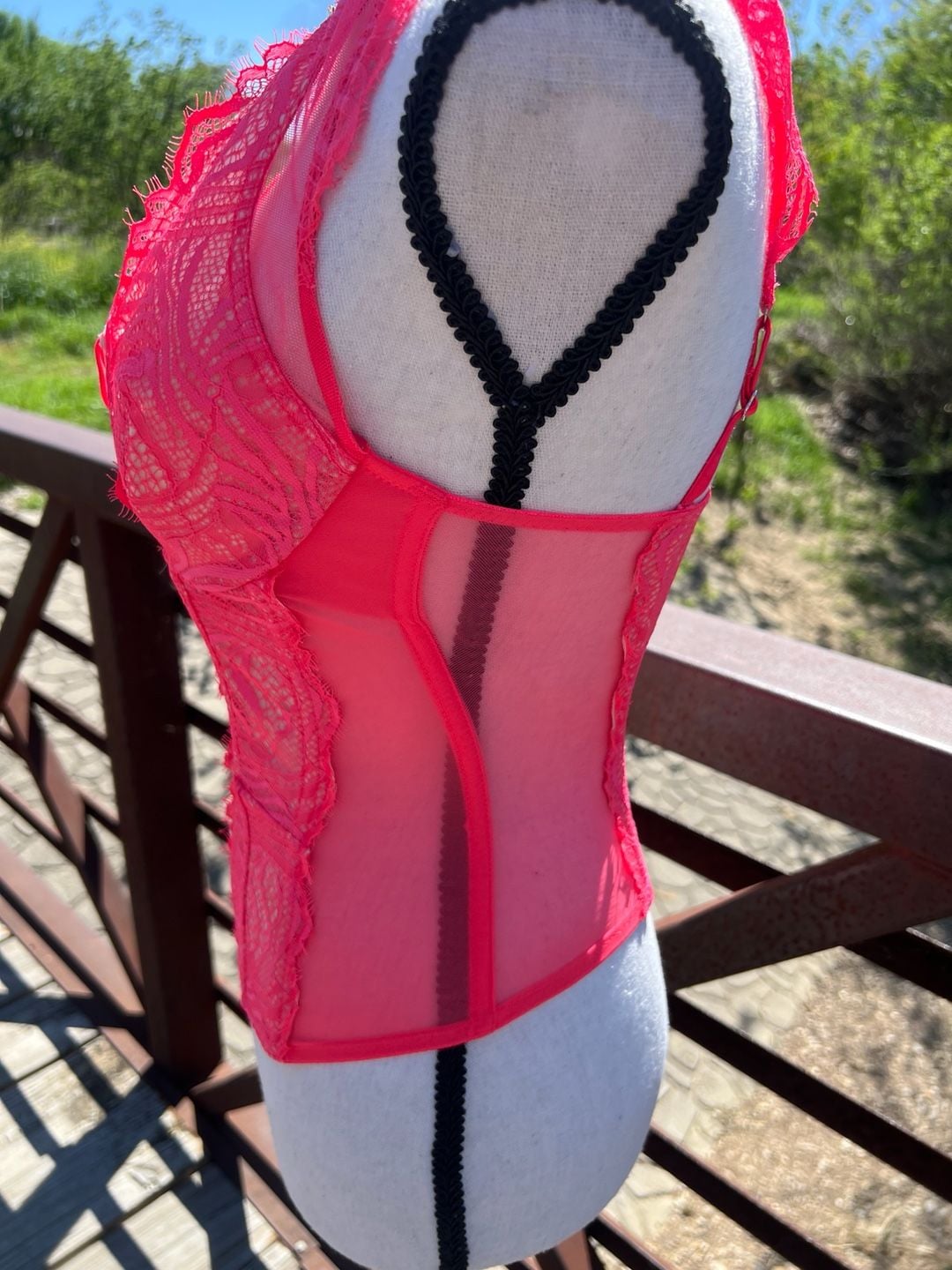 Victoria's Secret Hot Pink Lace and Mesh High Neck Bustier Corset 14