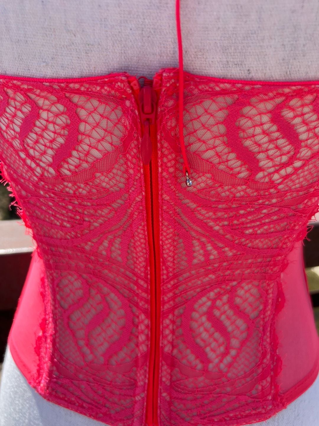 Victoria's Secret Hot Pink Lace and Mesh High Neck Bustier Corset 15