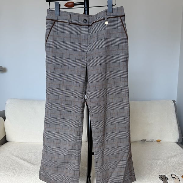 E.LAND Glen Check Plaid Wide-Leg Trousers with Brown Ribbon Detail