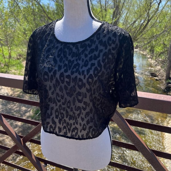 BCBGeneration Black Sheer Leopard Print Lace Short Sleeve Crop Top Size S