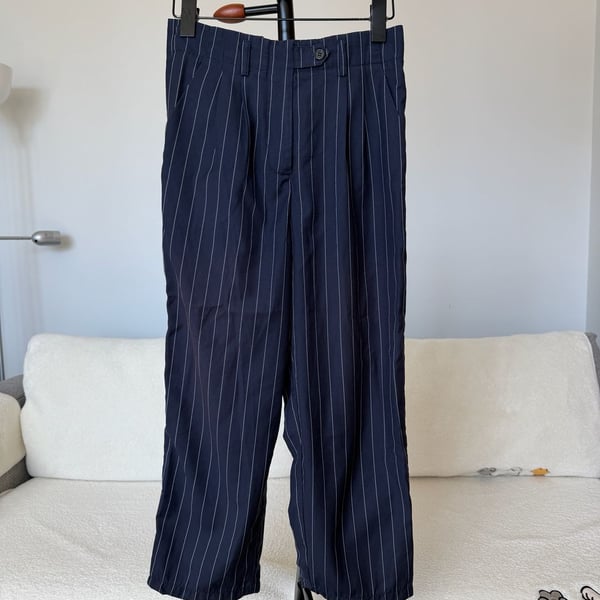 QUEENIE STUDIO Navy Blue Pinstripe Pleated High-Waist Trousers