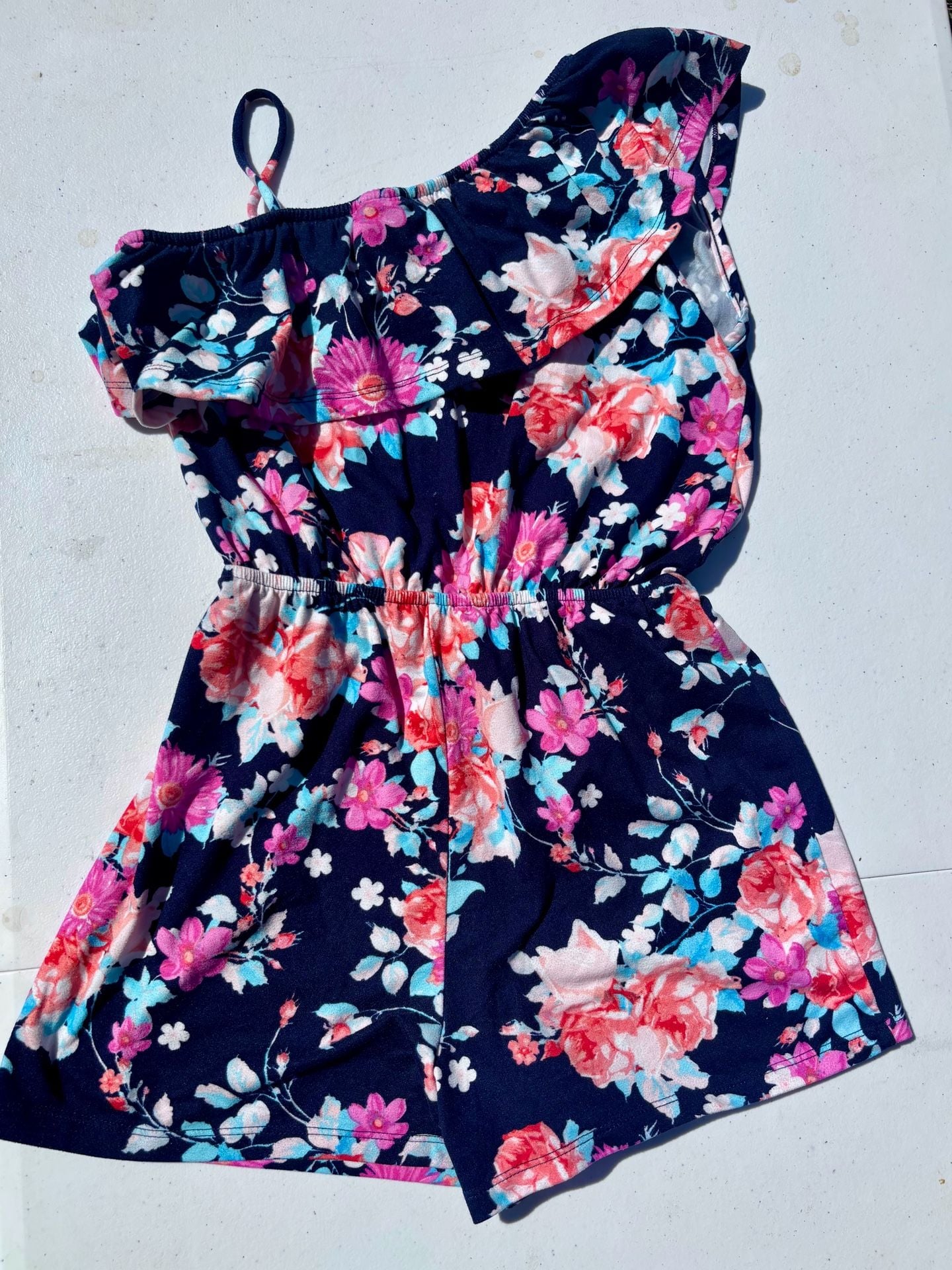 Paper Doll Girls Navy Blue Floral One Shoulder Ruffle Romper Size 10 11