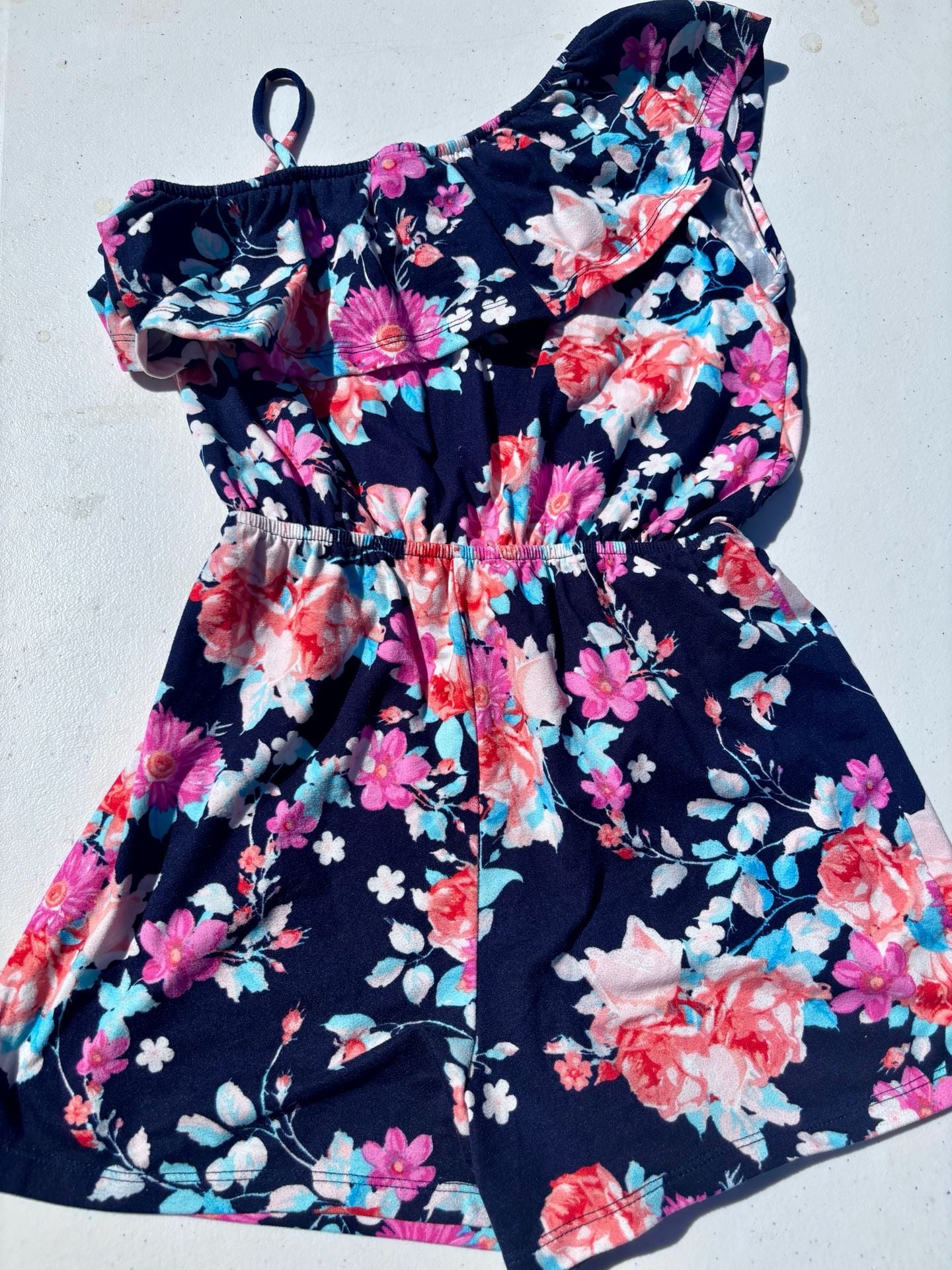Paper Doll Girls Navy Blue Floral One Shoulder Ruffle Romper Size 10 12