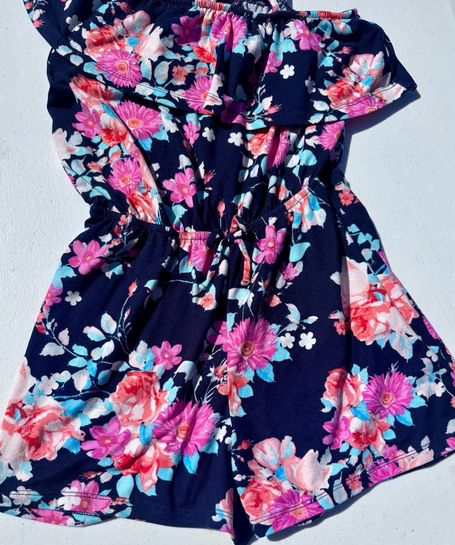 Paper Doll Girls Navy Blue Floral One Shoulder Ruffle Romper Size 10 9