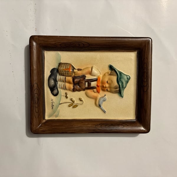 Vintage Napco Hand-Painted Ceramic Plaque - Boy w bird Signed Norton SH713B1

