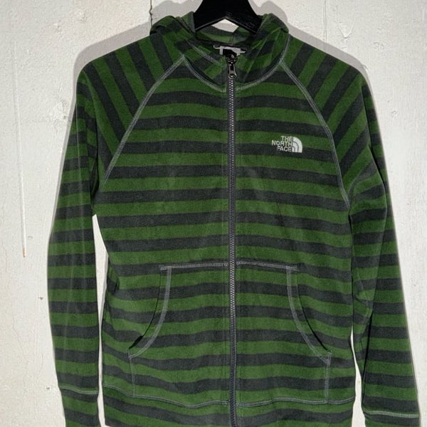 The North Face Boys L (14/16) Striped Fleece Full Zip Hoodie Green Gray