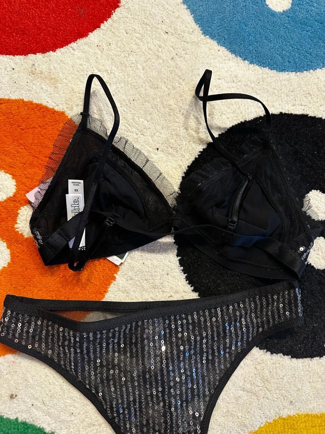 Wild Fable Women's Black Sequin Mesh Triangle Bralette and Thong Lingerie Set 3