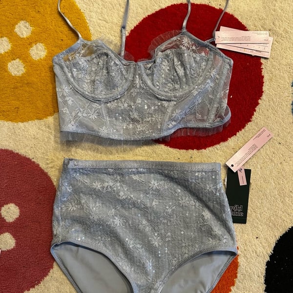 Wild Fable Women's Sequin Lace Corset Bustier and High Waist Panty Lingerie Set Light Blue
