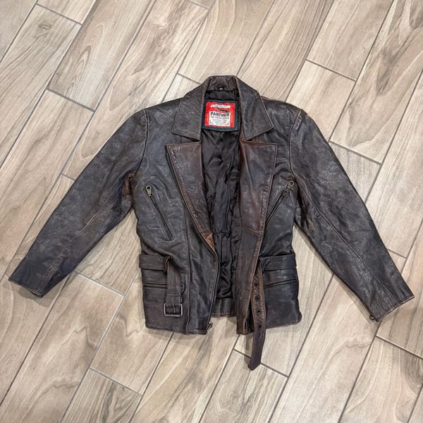 Vintage 80s Panther Leather Moto Biker Jacket Distressed Brown Belted