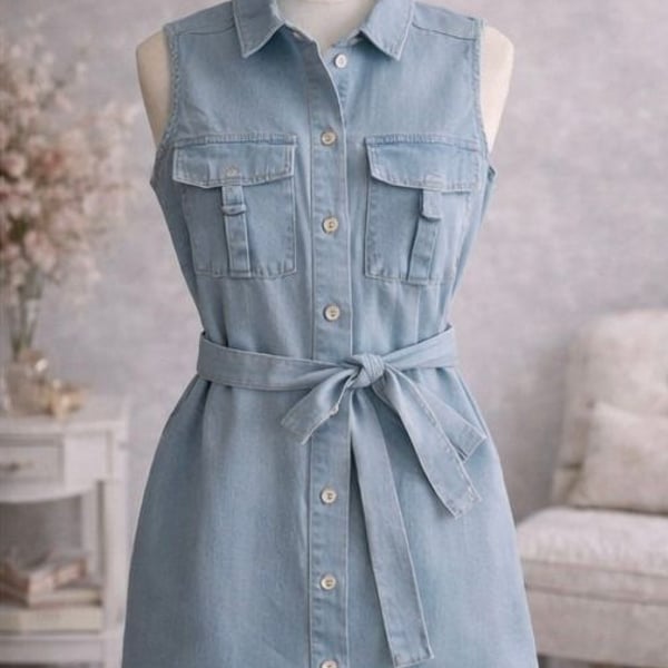 Love Cult Light Wash Sleeveless Denim Button-Up Belted Mini Dress