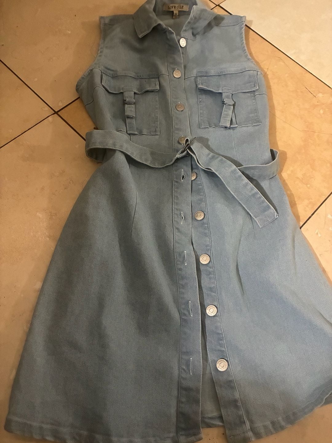 Love Cult Light Wash Sleeveless Denim Button-Up Belted Mini Dress 8