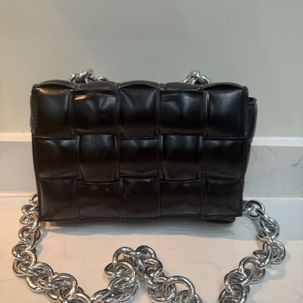 Black Padded Woven Chain Shoulder Bag Chunky Silver Chain Cassette Style Crossbody