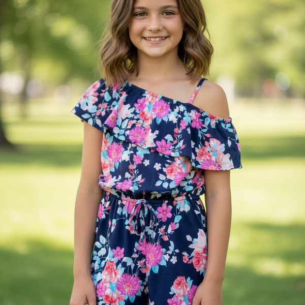 Paper Doll Girls Navy Blue Floral One Shoulder Ruffle Romper Size 10