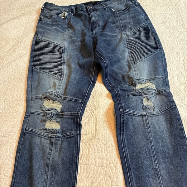 PacSun Stacked Skinny Comfort Stretch Blue Distressed Moto Biker Jeans 36x32