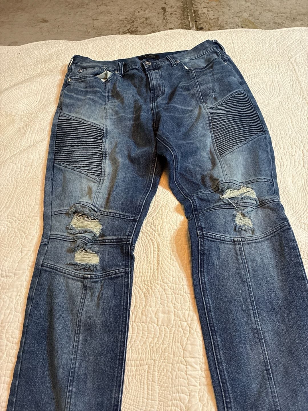 PacSun Stacked Skinny Comfort Stretch Blue Distressed Moto Biker Jeans 36x32 3