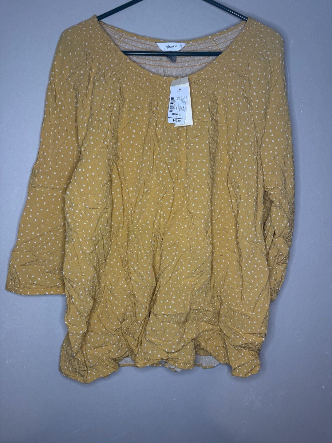 CJ Banks Mustard Yellow Polka Dot Smocked Neck Blouse 2X 2