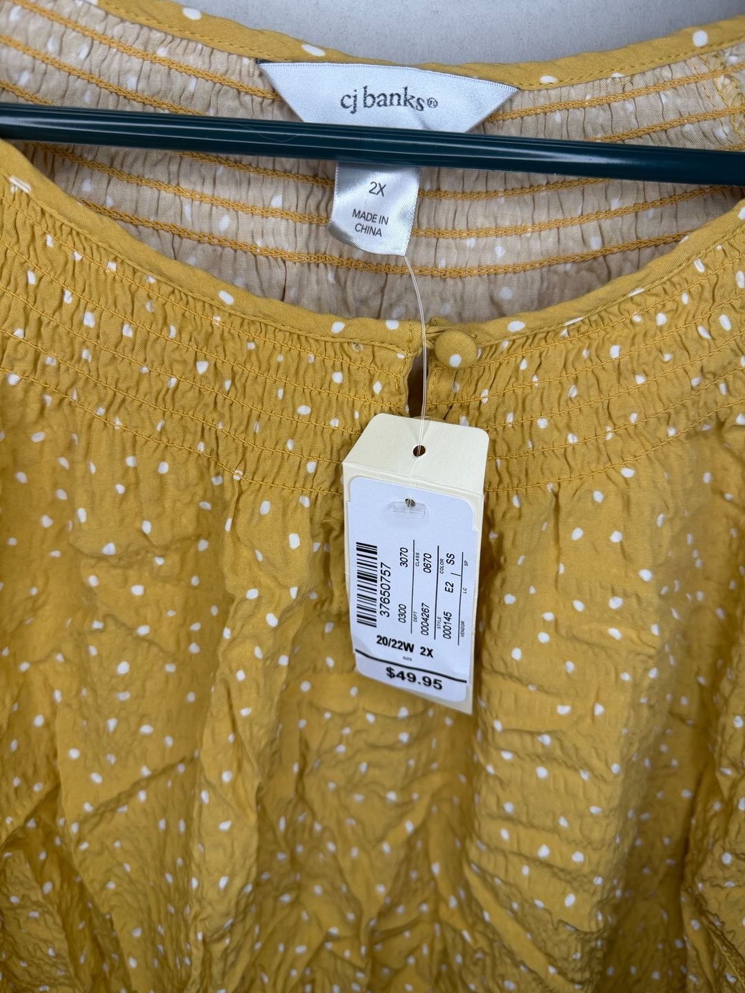 CJ Banks Mustard Yellow Polka Dot Smocked Neck Blouse 2X 3