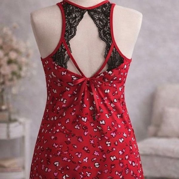 Secret Treasures Red Heart Print Lace Back Chemise Nightgown Lingerie