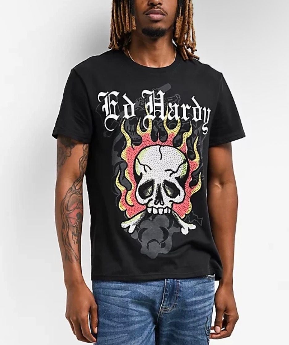 Ed Hardy Men's Flame Skull Rhinestone Graphic T-Shirt 2
