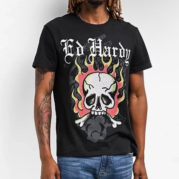 Ed Hardy Men's Flame Skull Rhinestone Graphic T-Shirt