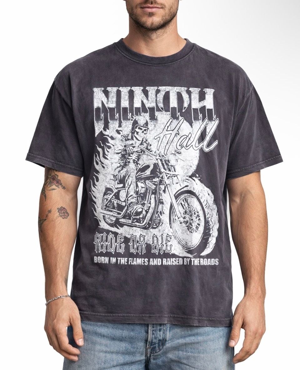Ninth Hall Born In Flames Black Wash Biker Graphic T-Shirt 2