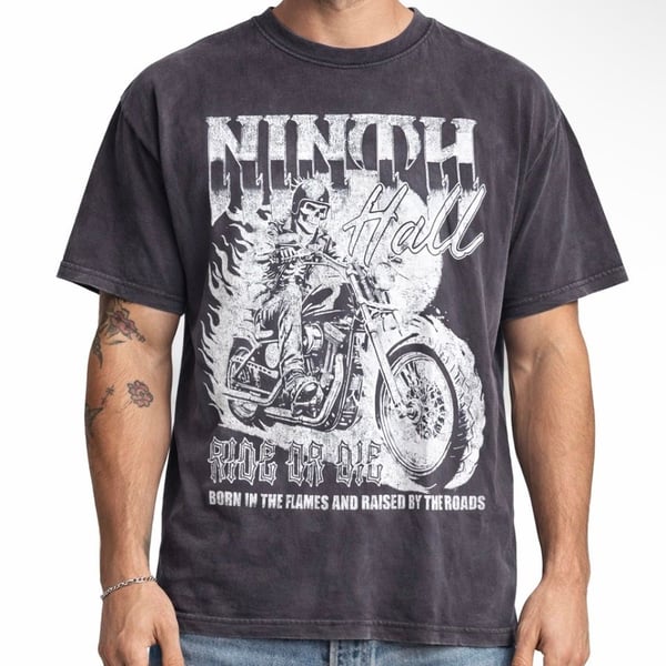 Ninth Hall Born In Flames Black Wash Biker Graphic T-Shirt