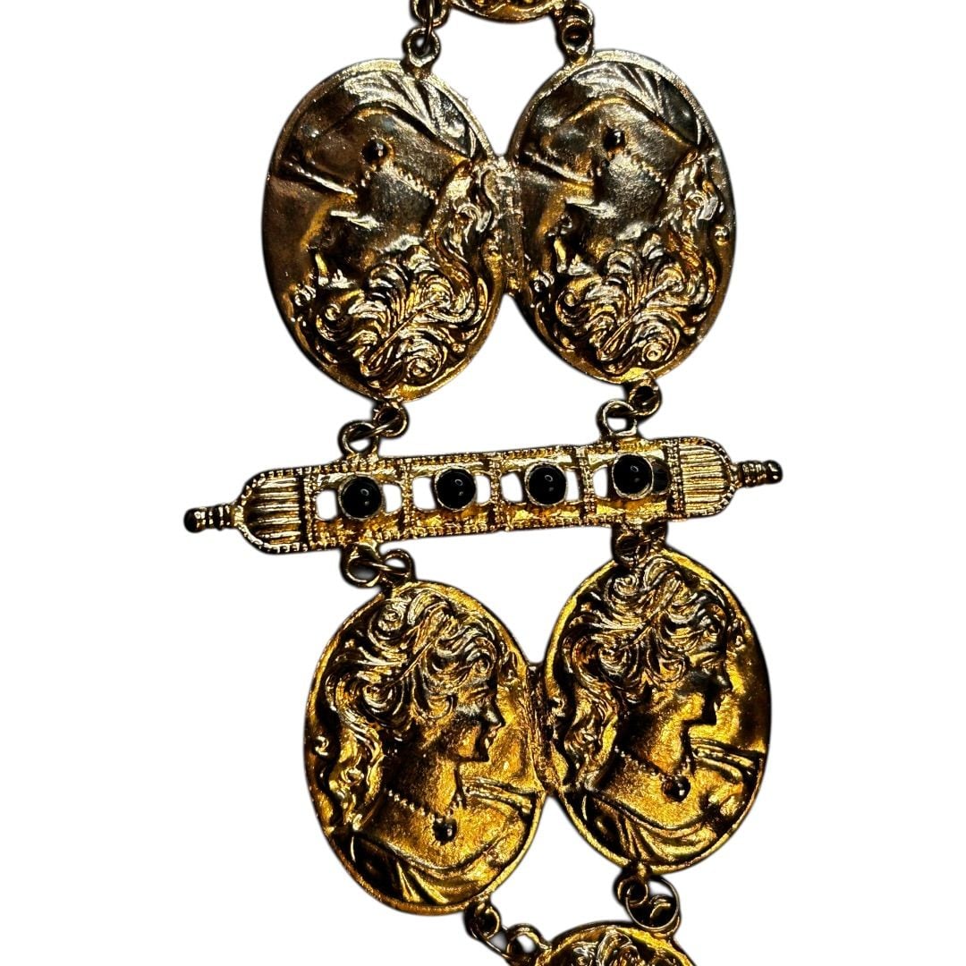 💟Vintage Art Nouveau Style Gold Tone Oval Cameo Dangle Brooch Pin 5