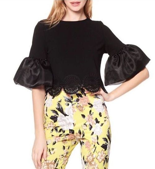 Gracia Black Organza Puff Sleeve Crop Top with Crochet Eyelet Hem 2