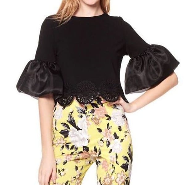 Gracia Black Organza Puff Sleeve Crop Top with Crochet Eyelet Hem