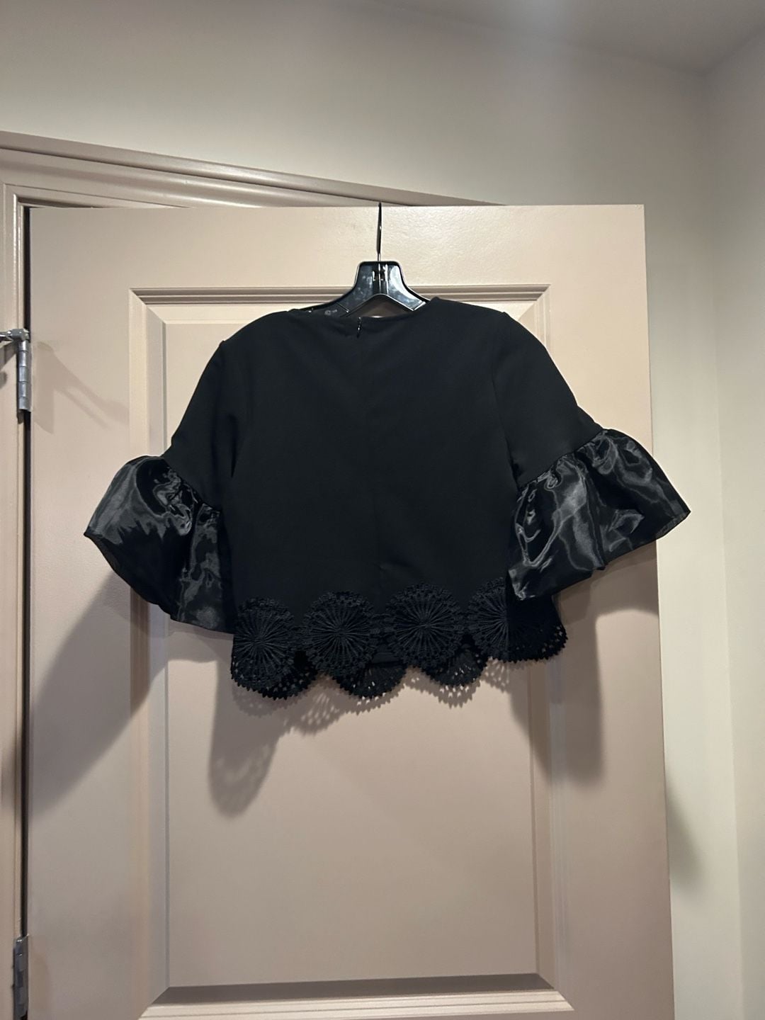 Gracia Black Organza Puff Sleeve Crop Top with Crochet Eyelet Hem 7