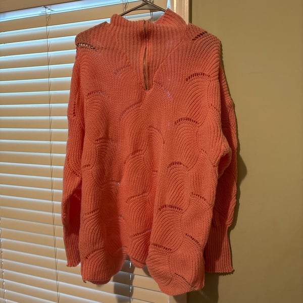 SHEIN Peach Quarter Zip Scalloped Pointelle Knit Sweater 1XL